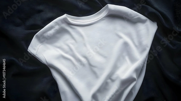 Fototapeta A close-up of a white T-shirt on black fabric, emphasizing its neckline and smooth texture.

