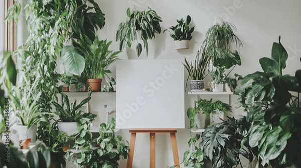 Fototapeta A blank canvas surrounded by lush greenery in a bright, minimalist room.