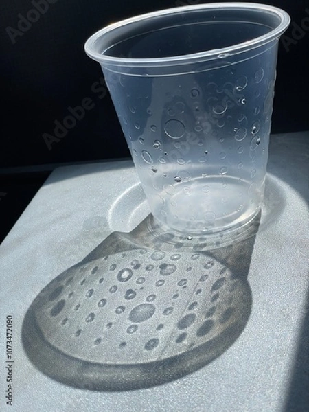 Obraz empty cup of water on airplane tray table with water drops shadows