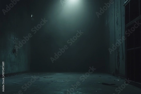 Fototapeta A dimly lit, empty room with a spotlight and a shadowy atmosphere.