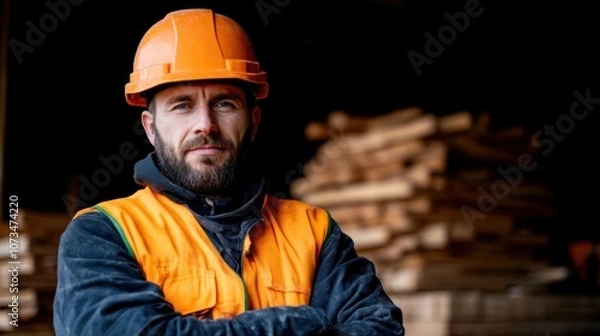 Fototapeta A construction worker, wearing an orange helmet and safety vest, stands with arms crossed in front of lumber stacks at a workshop, showcasing a confident demeanor and commitment to safety