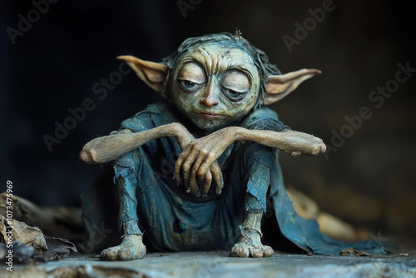 Fototapeta A tired creature with large ears and greenish skin sits pensively, suggesting a mystical or fantasy setting with an emphasis on contemplation and solitude.