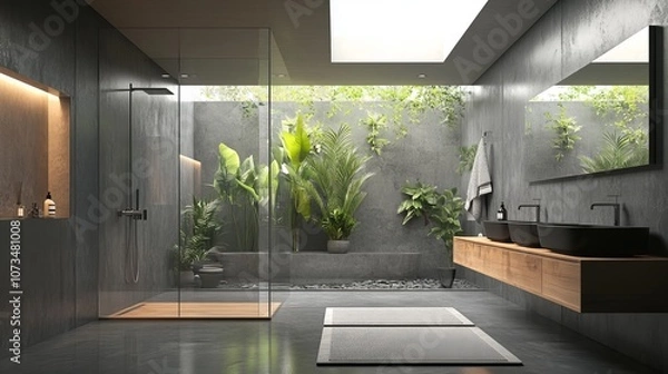 Fototapeta  Spacious bathroom in gray tones with heated floors, walk-in shower, double sink vanity and skylights