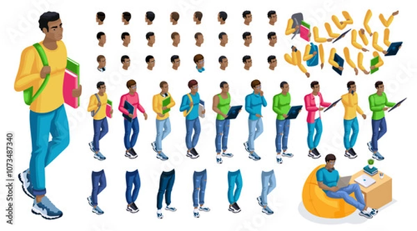 Fototapeta Isometric cartoon people, 3D Set for creating Black Man Student person. Full length gestures isolated, N2. Create your own design for vector