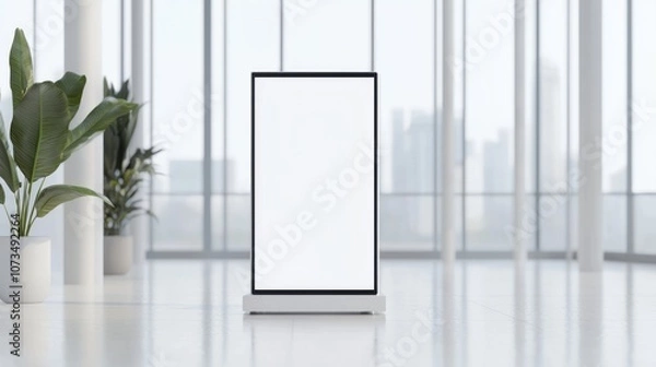 Obraz Futuristic Branding Opportunities: Empty Standee Mockup in Modern Tech Office with Innovative Gadgets | Ultra-Detailed Exhibition Design for Tech Startups