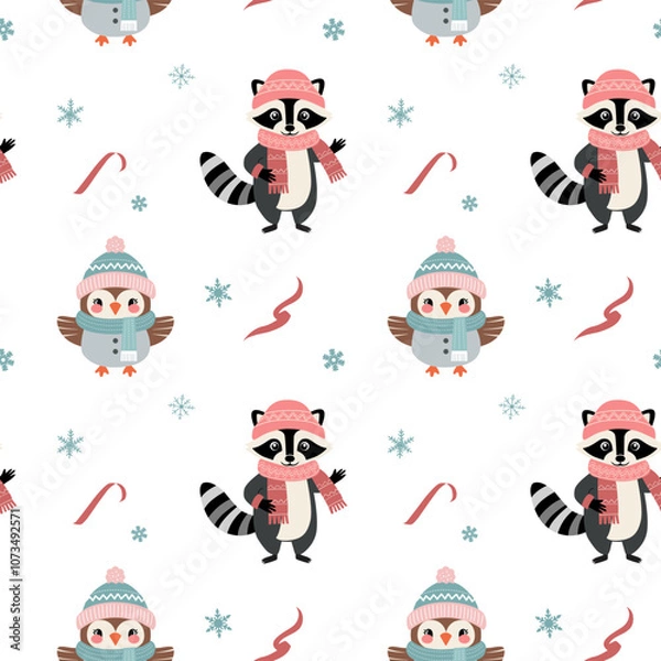 Fototapeta Seamless pattern with warm clothed raccoon and owl. Cartoon winter animals pattern. Xmas backgrounds.