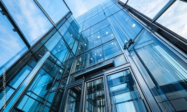 Fototapeta Low angle view of a modern glass and steel building with an automatic door entrance.