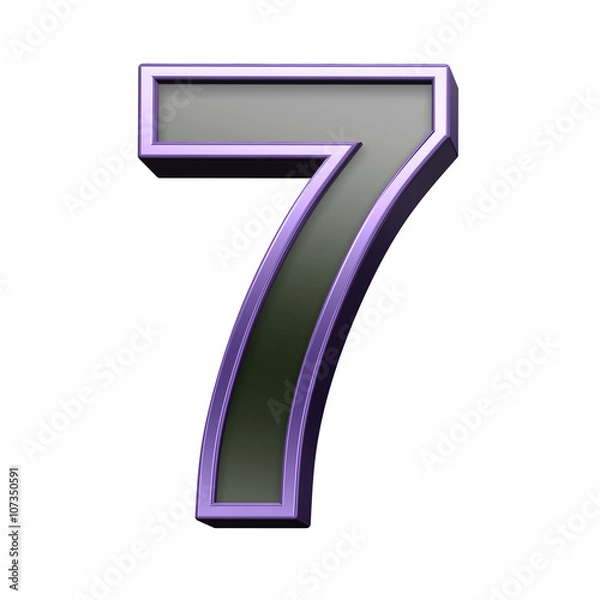 Fototapeta One digit from black with violet shiny frame alphabet set, isolated on white. 3D illustration.