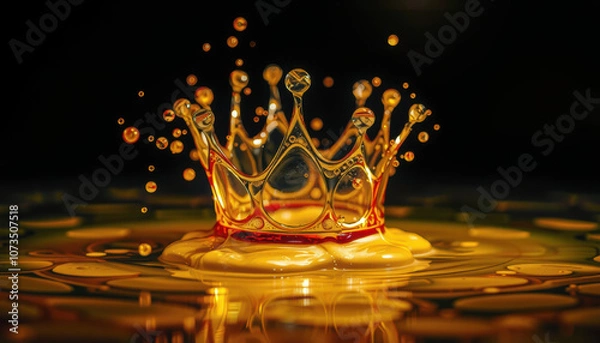 Fototapeta stunning gold splash forms crown shape, surrounded by droplets, creating captivating visual effect. rich colors and dynamic movement evoke sense of luxury and elegance