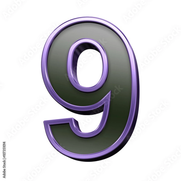 Fototapeta One digit from black with violet shiny frame alphabet set, isolated on white. 3D illustration.