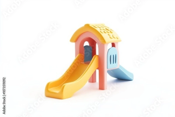 Obraz Adorable 3D Cartoon Playground Slide with Yellow Roof, Low Angle View, Vibrant Pastel Colors on White Background
