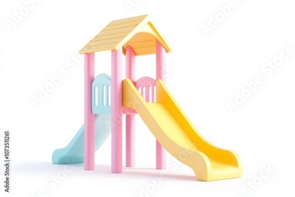 Obraz Adorable 3D Cartoon Playground Slide with Yellow Roof, Low Angle View, Vibrant Pastel Colors on White Background