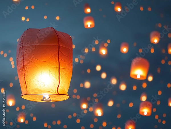 Fototapeta Yi Peng featival. Full of paper lanterns floating with lighting of candels over the sky