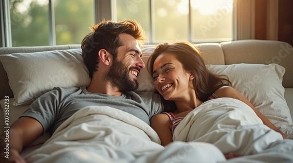 Fototapeta Couple smiling at each other in bed, cozy blankets and pillows, warm and intimate atmosphere, modern bedroom, relaxed and joyful expressions, close connection, natural setting, soft neutral tones