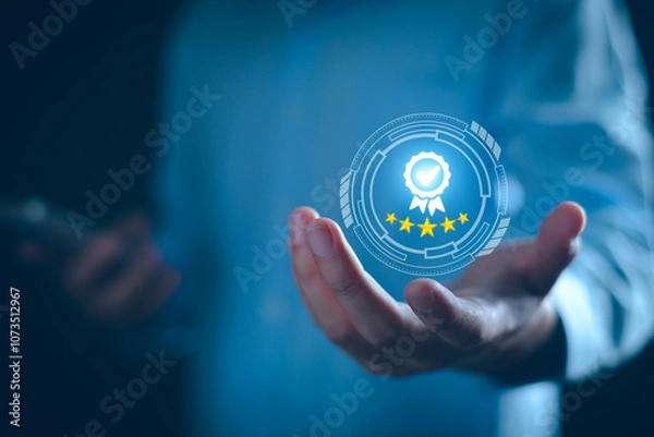 Fototapeta Business quality certificate concept. Business man show top service quality assurance sign, guarantee, Standards, ISO certification, satisfaction and service experience