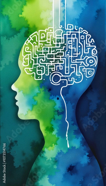 Fototapeta Abstract human head silhouette with a digital brain pattern in vibrant colors