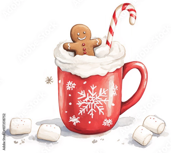 Obraz Watercolor  Christmas illustration of a red mug with a gingerbread man. Isolated on white background