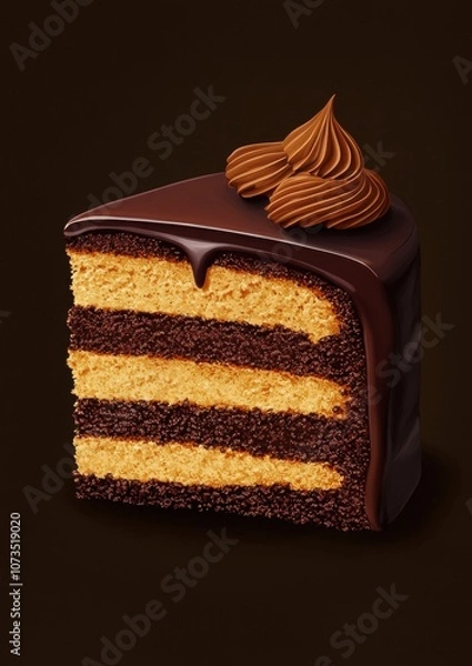 Fototapeta A slice of chocolate cake with a chocolate frosting and a chocolate drizzle