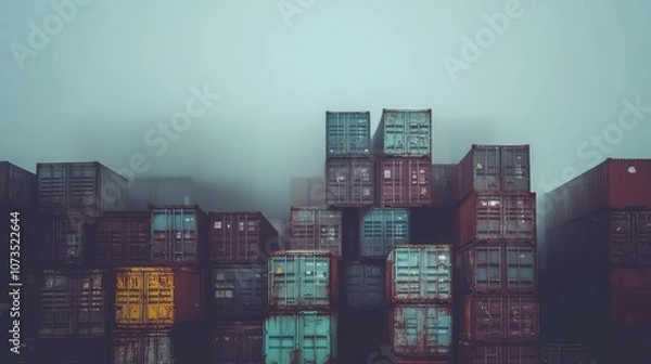 Fototapeta Stacked Shipping Containers in Misty Atmosphere Captured in a Moody Landscape, Perfect for Industrial and Urban Themes in Photography Projects