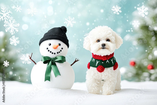 Obraz A white dog wearing a red and green sweater stands next to a snowman