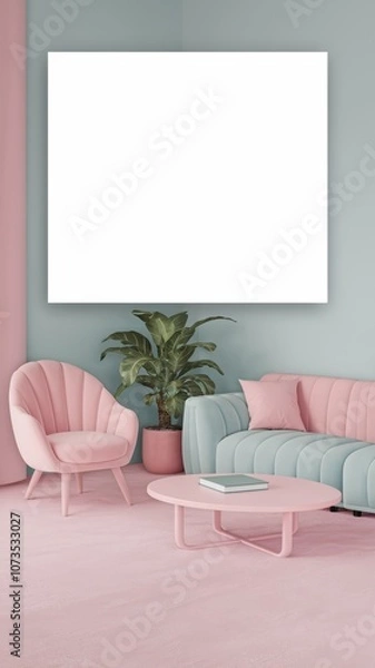 Fototapeta Modern Living Room: Soft pastel colors with a minimalist design featuring a plant, cozy furniture, and a blank canvas for art display.