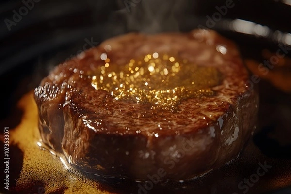 Fototapeta Close-up of a perfectly cooked steak with melted butter and steam rising from the surface.