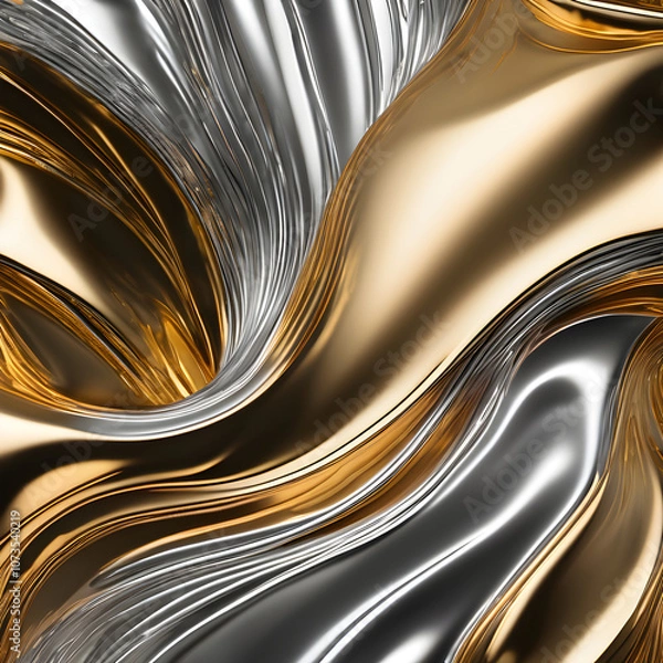 Fototapeta A close-up of a smooth, flowing liquid metal texture with soft gradients of silver and gold