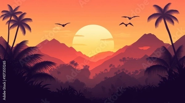 Fototapeta Sunset Jungle Silhouettes with Palm Trees, ai generative