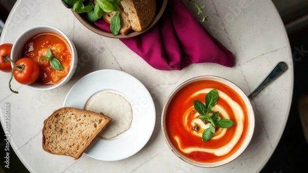 Obraz Vibrant Tomato Soup with Crisp Bread: A Warm, Inviting Meal for Cozy Evenings