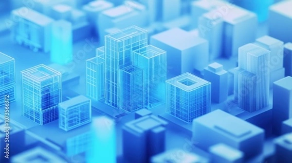 Fototapeta 3D rendering of a futuristic city with buildings and a data center on a blue background