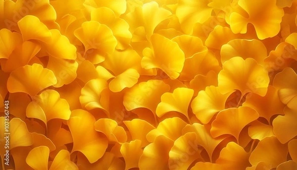 Fototapeta A full background image of overlapping, vibrant ginkgo leaves in bright yellow, in a hyper realistic style with soft, subtle dawn light.