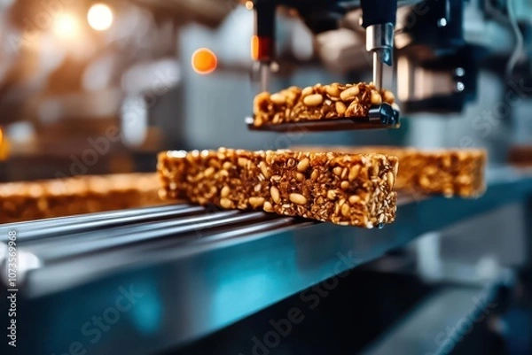 Fototapeta A close up shot of a conveyor belt with energy bars moving along it in a food factory