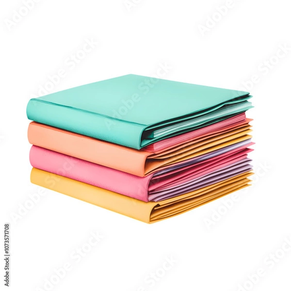 Fototapeta Colorful stack of folders with various papers, ideal for organization, isolate white background