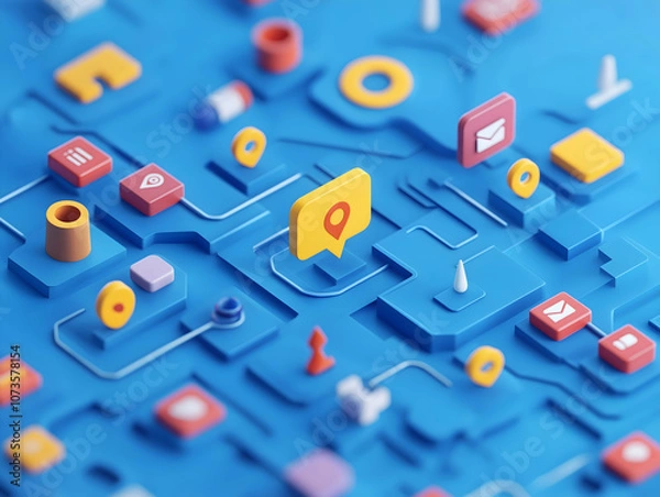 Fototapeta A vibrant digital landscape featuring colorful icons and symbols representing connectivity and navigation on a blue background.