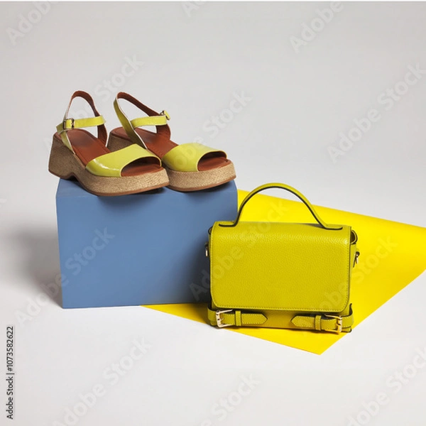 Obraz Summery yellow women's shoes and leather luxury bag in a colorful setting on a white background in the studio. Still life