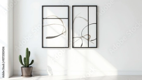 Fototapeta Minimalist Interior with Abstract Art and Cactus in Natural Light