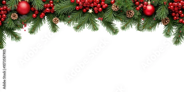 Fototapeta A festive arrangement of evergreen branches, red berries, and pine cones at the top of the image  arranged symmetrically and complemented