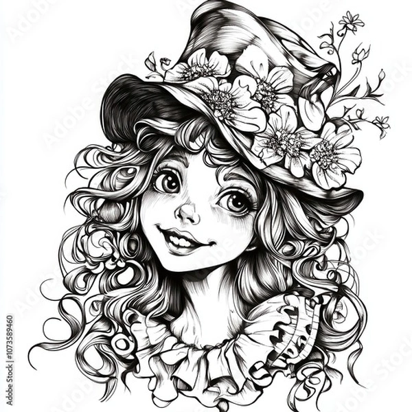 Fototapeta Clown girl with curly hair wearing a big, colorful hat with flowers on it, and a joyful expression. The design is in black and white, with strong outlines