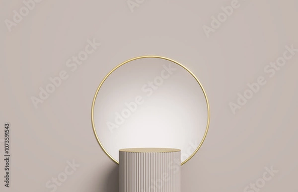 Fototapeta 3D display podium. Pastel beige background with pedestal nude color stand with gold. Beauty, cosmetic product mockup. Minimal 3d render. Bright studio advertisement step.	
