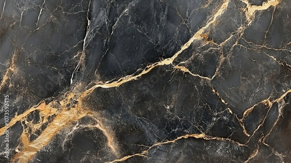 Obraz High-contrast black and gold marble texture, dramatic veining, glossy finish, luxury material concept