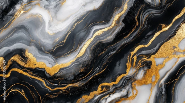 Obraz High-contrast black and gold marble texture, dramatic veining, glossy finish, luxury material concept