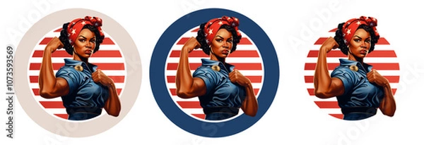 Fototapeta Black Rosie the Riveter sticker, round button, We can do it, transparant cartoon style PNG banner