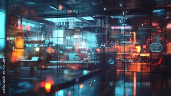 Fototapeta Futuristic office space with glowing interfaces and digital elements.