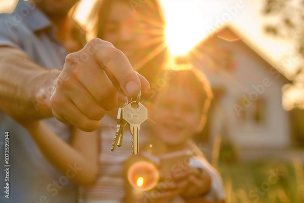 Fototapeta Hand holding keys to a new home. Happy family standing in front of their new house. Concept of purchase and sale of real estate.
