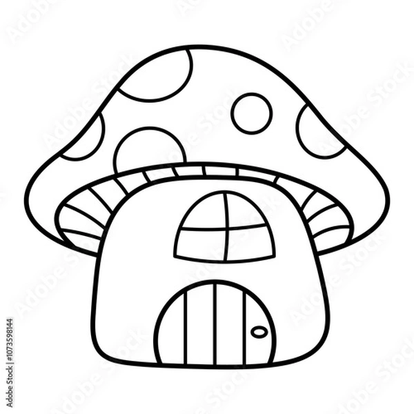 Fototapeta Mushroom House Outline Vector Illustration. This image is a black and white line drawing of a whimsical mushroom-shaped house.