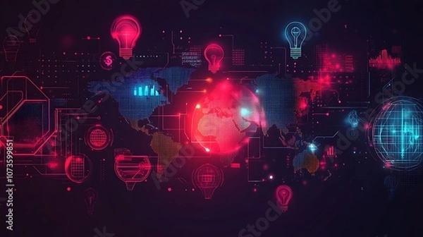 Fototapeta A hand-drawn illustration of icons representing light bulb, Business idea light bulb earth map