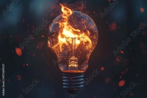 Fototapeta A Light Bulb Engulfed in Flames with Sparks Flying