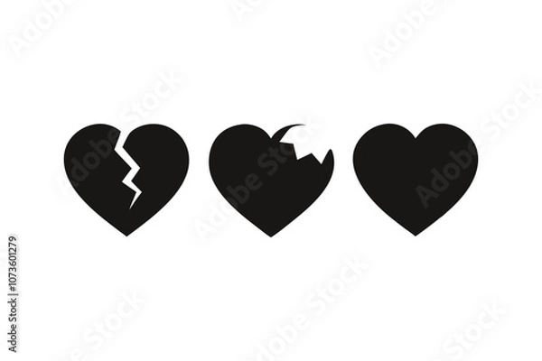 Fototapeta A set of three heart icons, whole, broken and healed silhouette black vector art illustration.