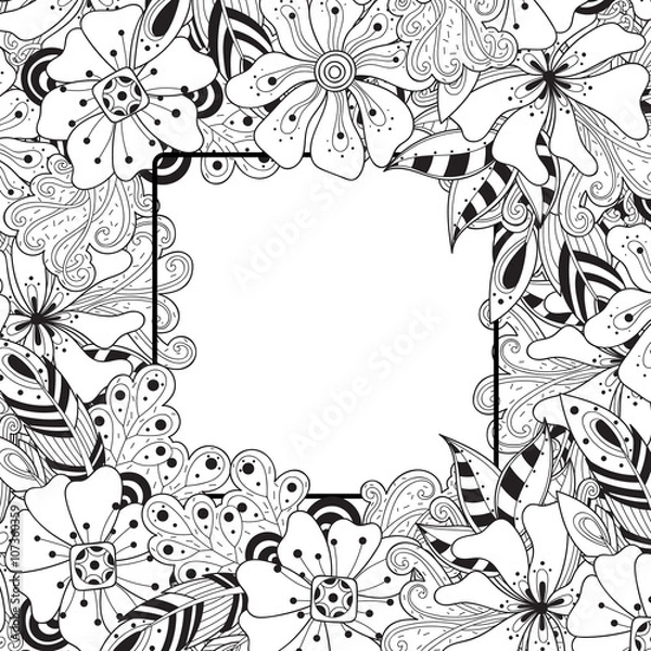 Fototapeta Flowers and leaves hand drawn zentangle style square vector frame. Doodle art decorative border.