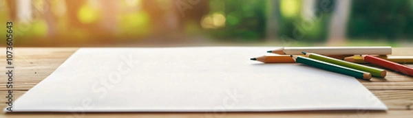 Fototapeta blank sheet of paper with colored pencils on wooden table, inviting creativity